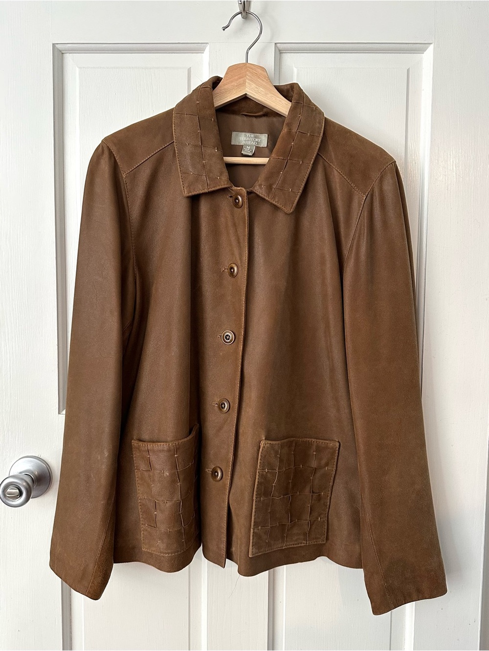 The Territory Ahead Brown Leather Button-Up Jacket Woven Boho Western Size M